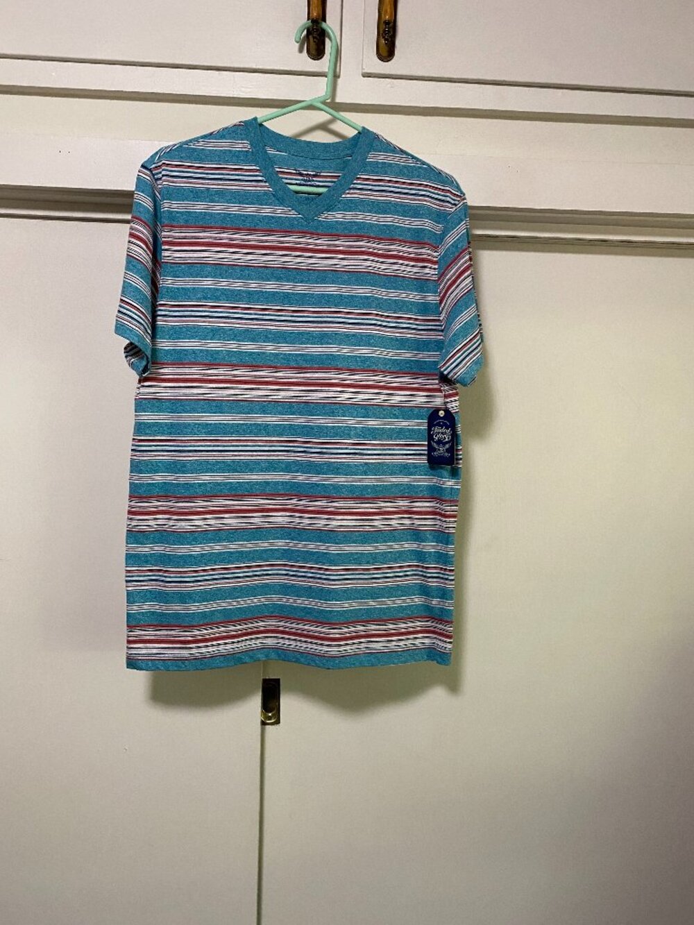 NWT - Faded Glory, teal, mauve, black & white stripe, short sleeve shirt, size M